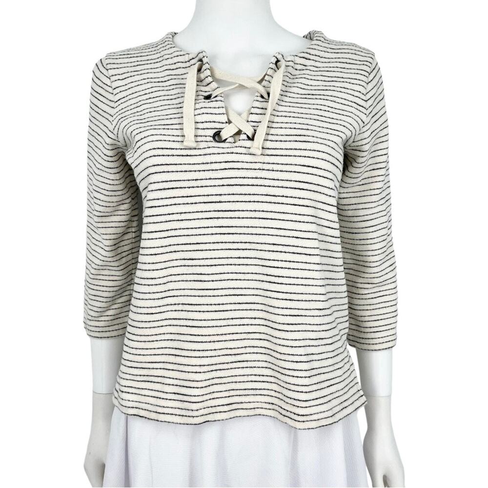 MADEWELL Sweater Women Size XS White & Blue Striped 3/4 Sleeve Laced‎ Front